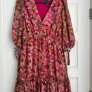 Vibrant Pink Floral V-Neck Dress